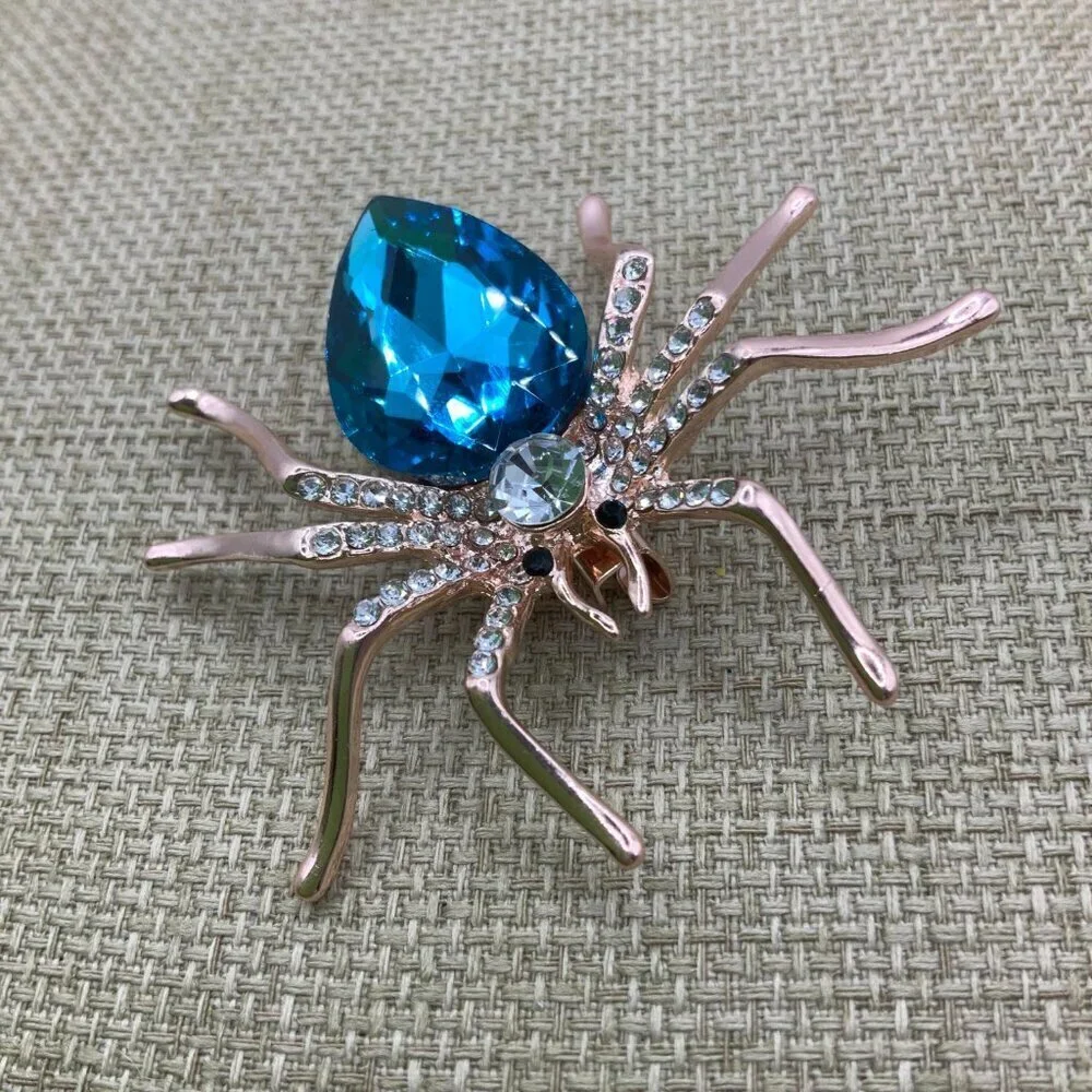 Spider Blue Gold Tone Rhinestone Brooch Pin